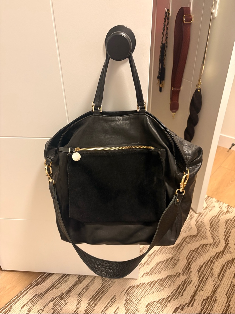 Women’s Black Leather Tote with Gold Accents